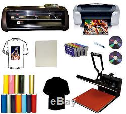 15x15 Heat Press, Printer, PU Vinyl Cutter Plotter, Cartridges, Decal, Sign Bundle